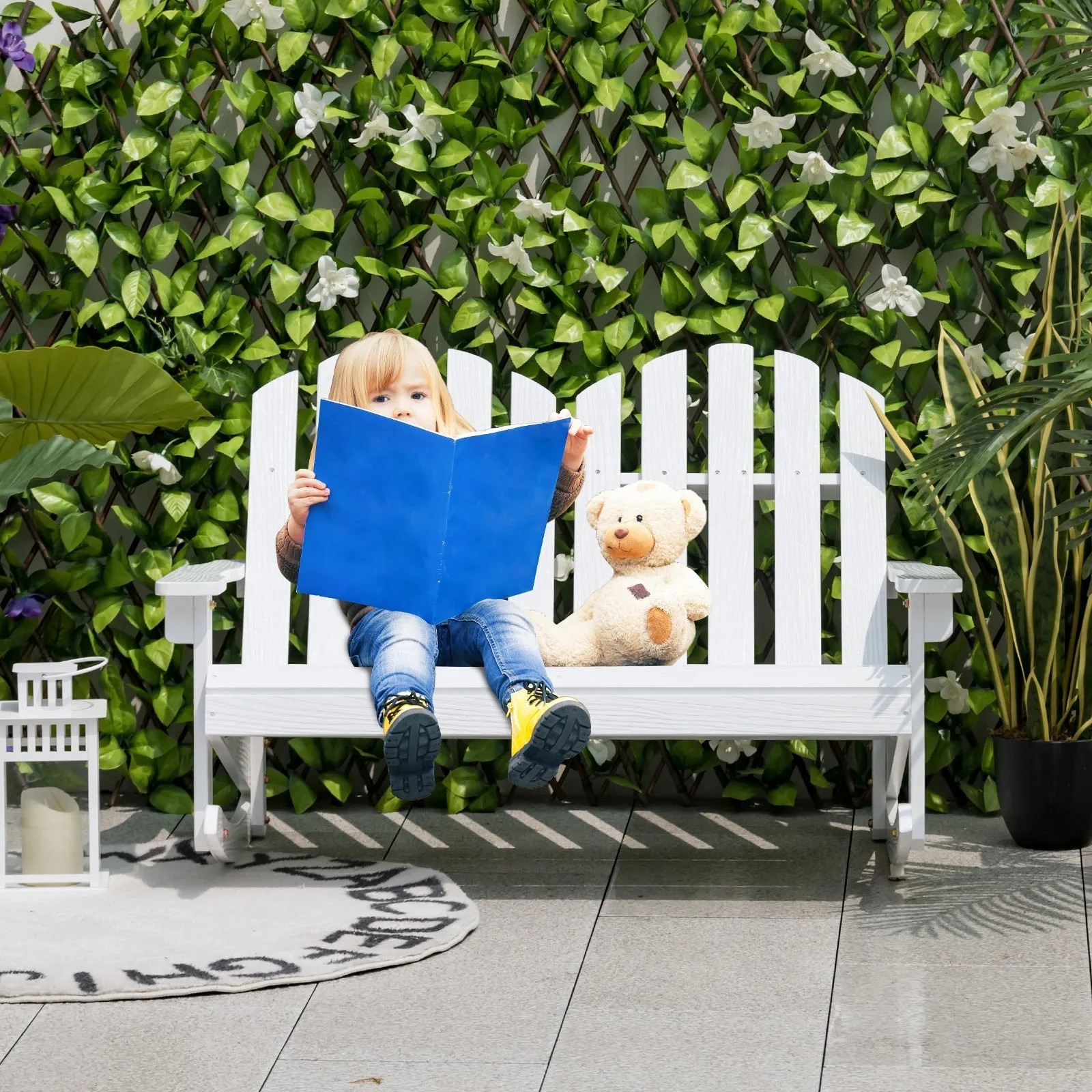 2 Person Outdoor Rocking Adirondack Chair Bench for Kids-White