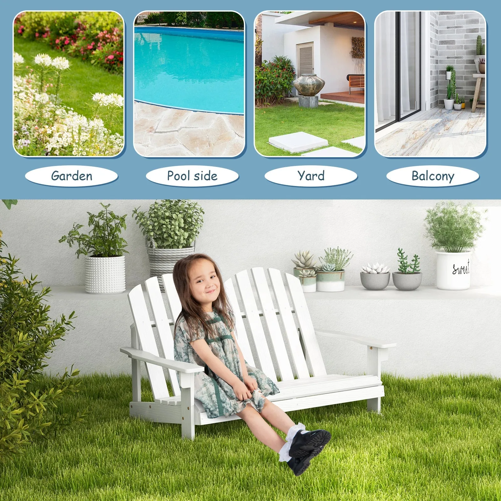 2 Person Outdoor Rocking Adirondack Chair Bench for Kids-White