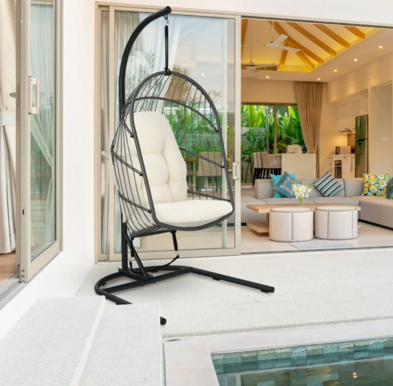 2025 Super Cool Patio Hanging Wicker Egg Chair | Holds 300lbs | With Stand & Cushion | Indoor Or Outdoor | Thick and Soft Comfy Cushions | Heavy Duty