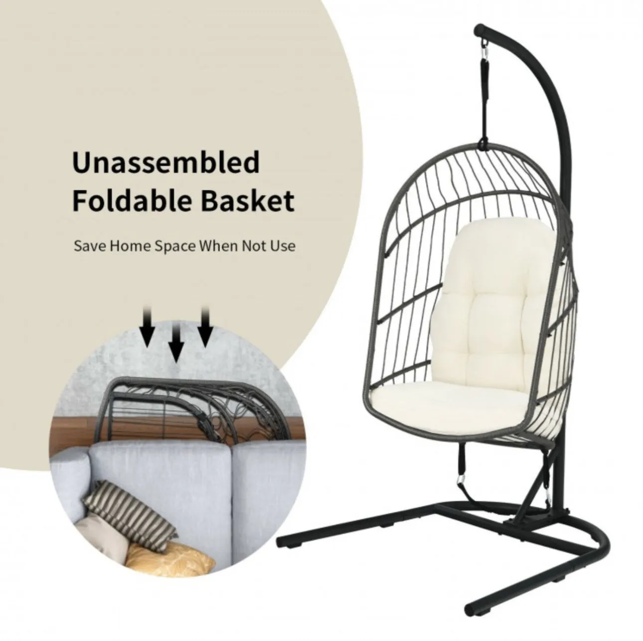 2025 Super Cool Patio Hanging Wicker Egg Chair | Holds 300lbs | With Stand & Cushion | Indoor Or Outdoor | Thick and Soft Comfy Cushions | Heavy Duty