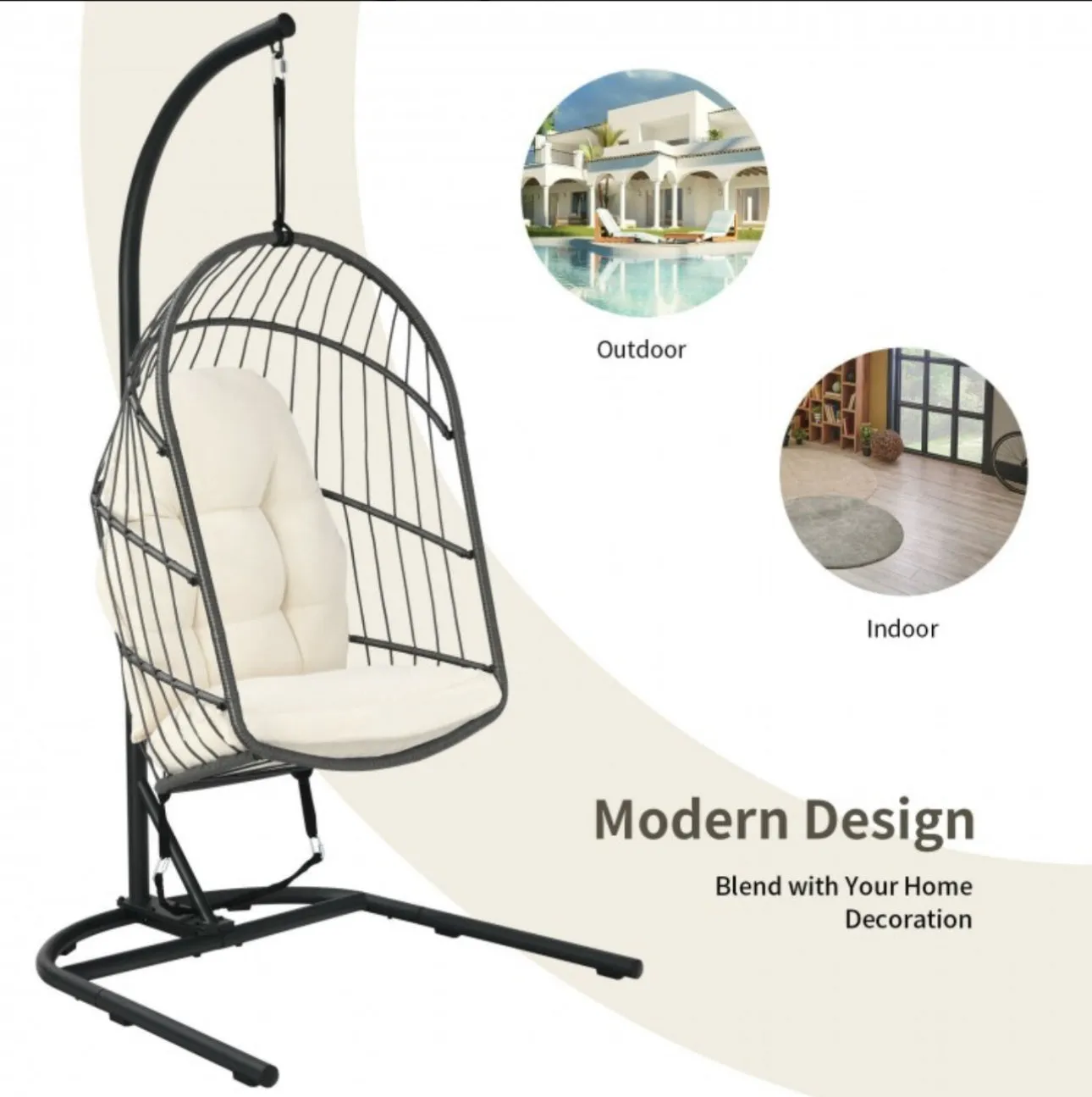 2025 Super Cool Patio Hanging Wicker Egg Chair | Holds 300lbs | With Stand & Cushion | Indoor Or Outdoor | Thick and Soft Comfy Cushions | Heavy Duty