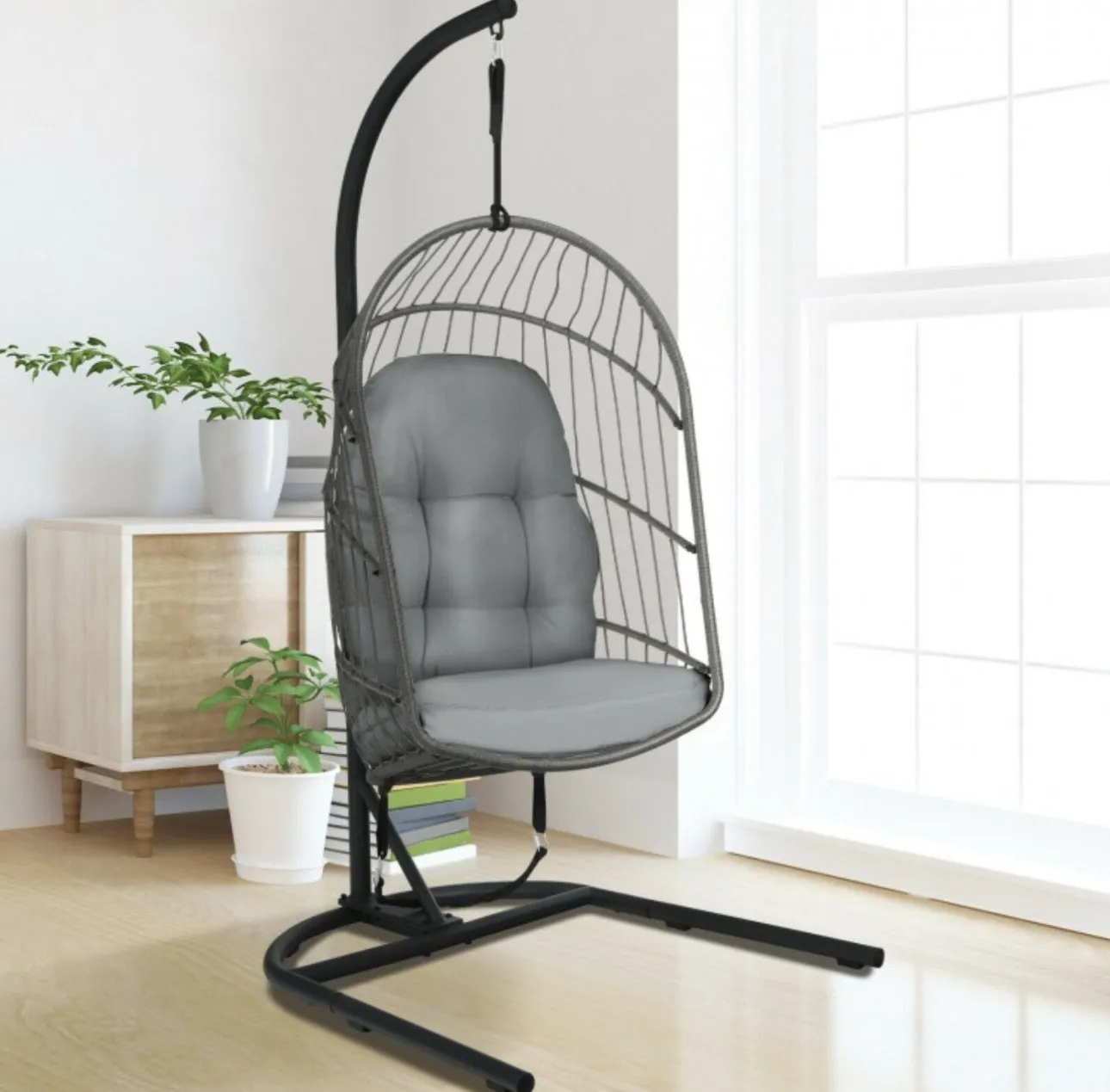 2025 Super Cool Patio Hanging Wicker Egg Chair | Holds 300lbs | With Stand & Cushion | Indoor Or Outdoor | Thick and Soft Comfy Cushions | Heavy Duty