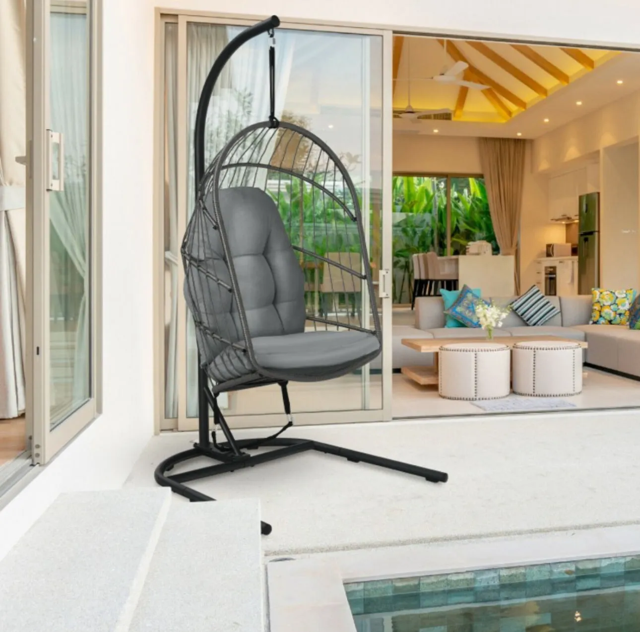 2025 Super Cool Patio Hanging Wicker Egg Chair | Holds 300lbs | With Stand & Cushion | Indoor Or Outdoor | Thick and Soft Comfy Cushions | Heavy Duty