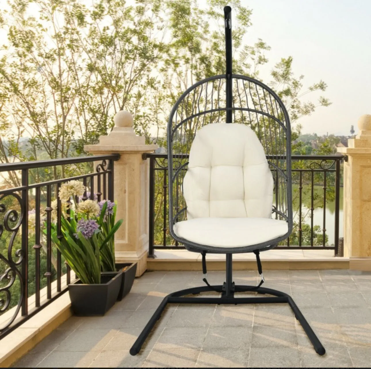 2025 Super Cool Patio Hanging Wicker Egg Chair | Holds 300lbs | With Stand & Cushion | Indoor Or Outdoor | Thick and Soft Comfy Cushions | Heavy Duty