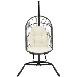 2025 Super Cool Patio Hanging Wicker Egg Chair | Holds 300lbs | With Stand & Cushion | Indoor Or Outdoor | Thick and Soft Comfy Cushions | Heavy Duty
