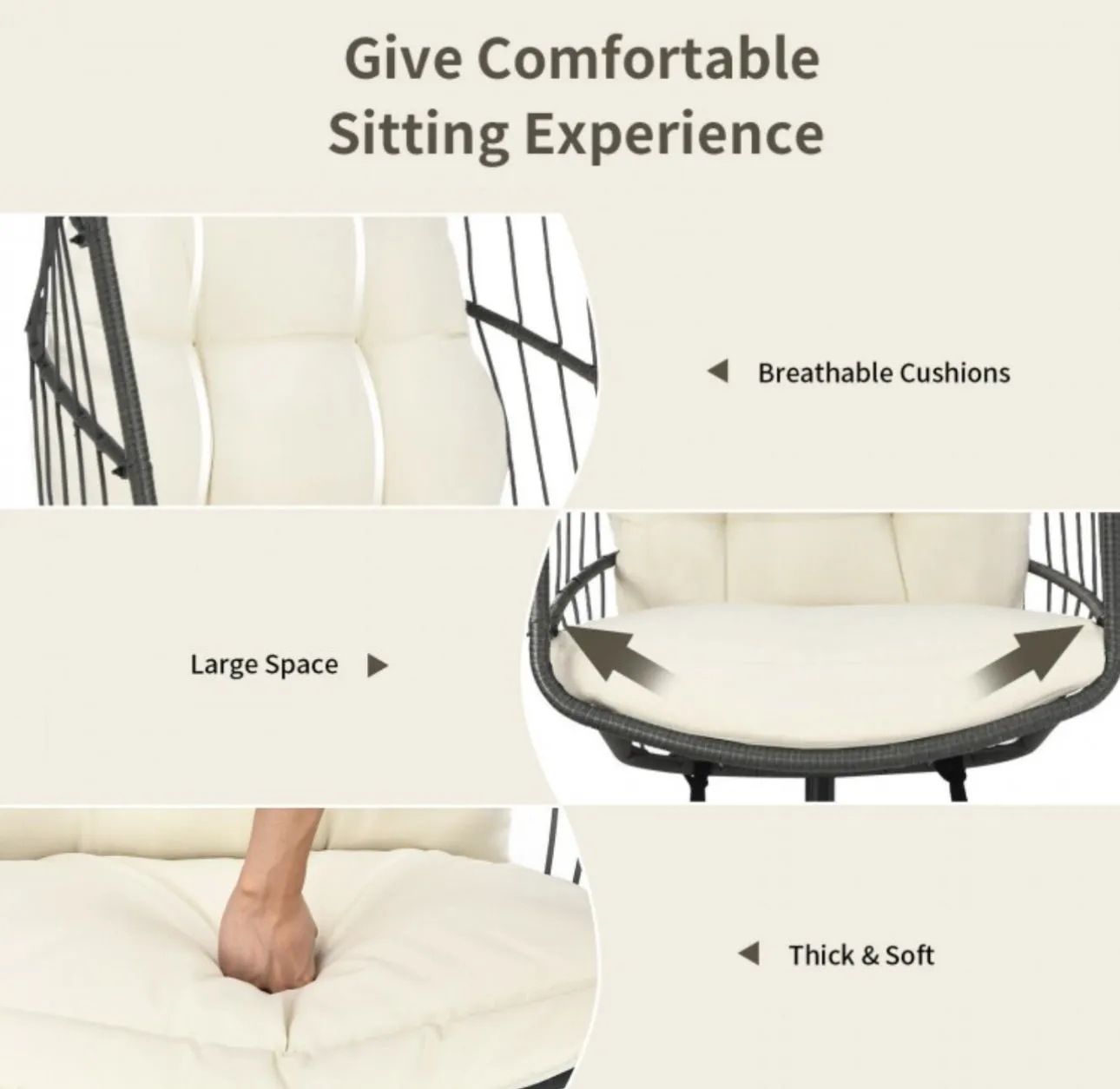 2025 Super Cool Patio Hanging Wicker Egg Chair | Holds 300lbs | With Stand & Cushion | Indoor Or Outdoor | Thick and Soft Comfy Cushions | Heavy Duty