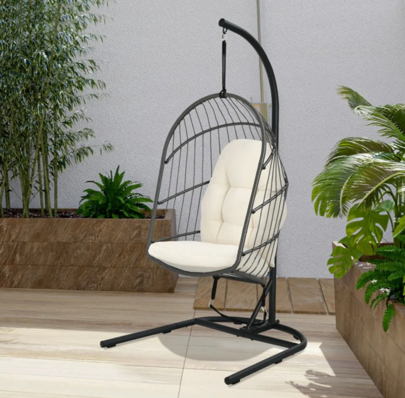 2025 Super Cool Patio Hanging Wicker Egg Chair | Holds 300lbs | With Stand & Cushion | Indoor Or Outdoor | Thick and Soft Comfy Cushions | Heavy Duty