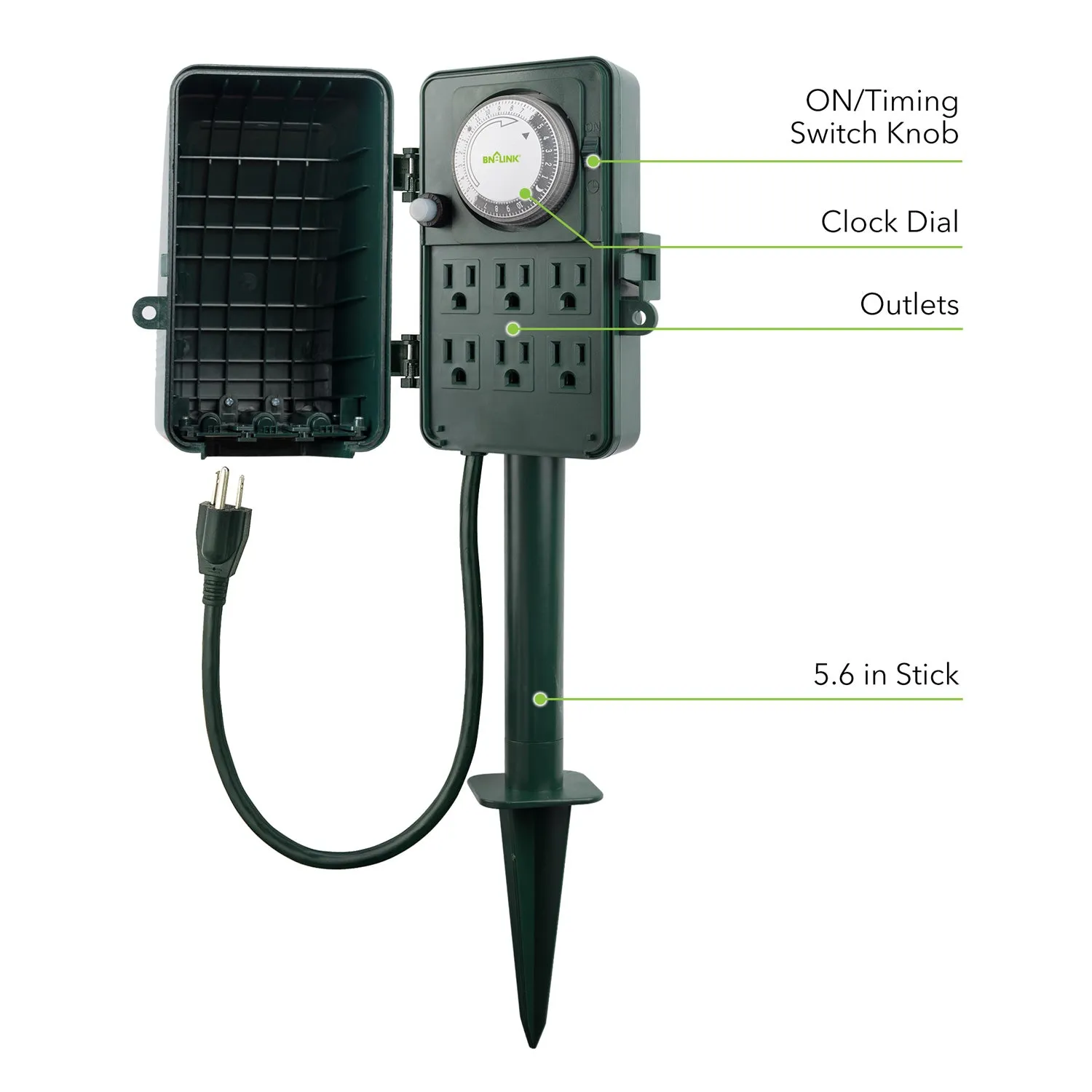 24 Hour Mechanical Outdoor Multi Socket Timer 6 Outlet Garden Power Stake BN-LINK