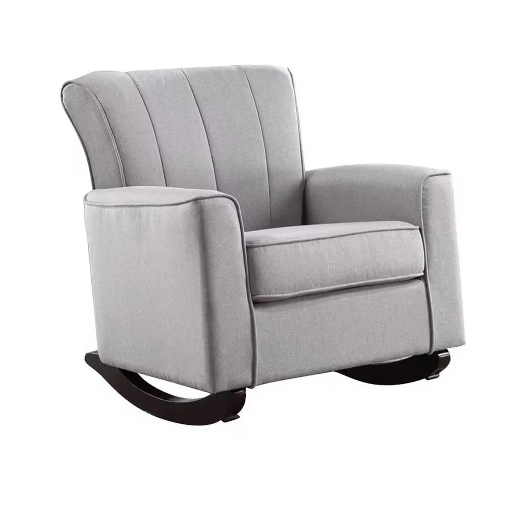 34 Inch Rocking Chair, Wood Frame, Vertical Channel Tufted Gray Linen By Casagear Home