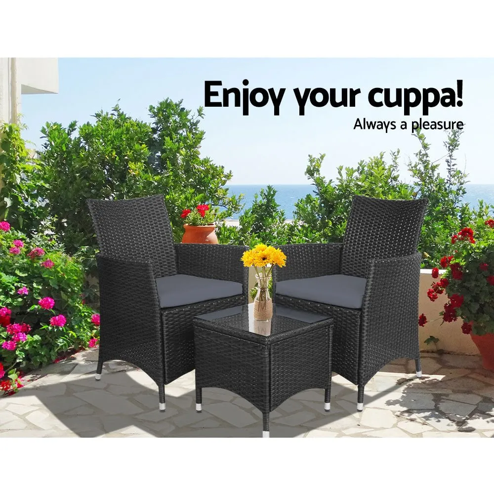 3PC Outdoor Bistro Set Patio Furniture Wicker Setting Chairs Table Cushion Black