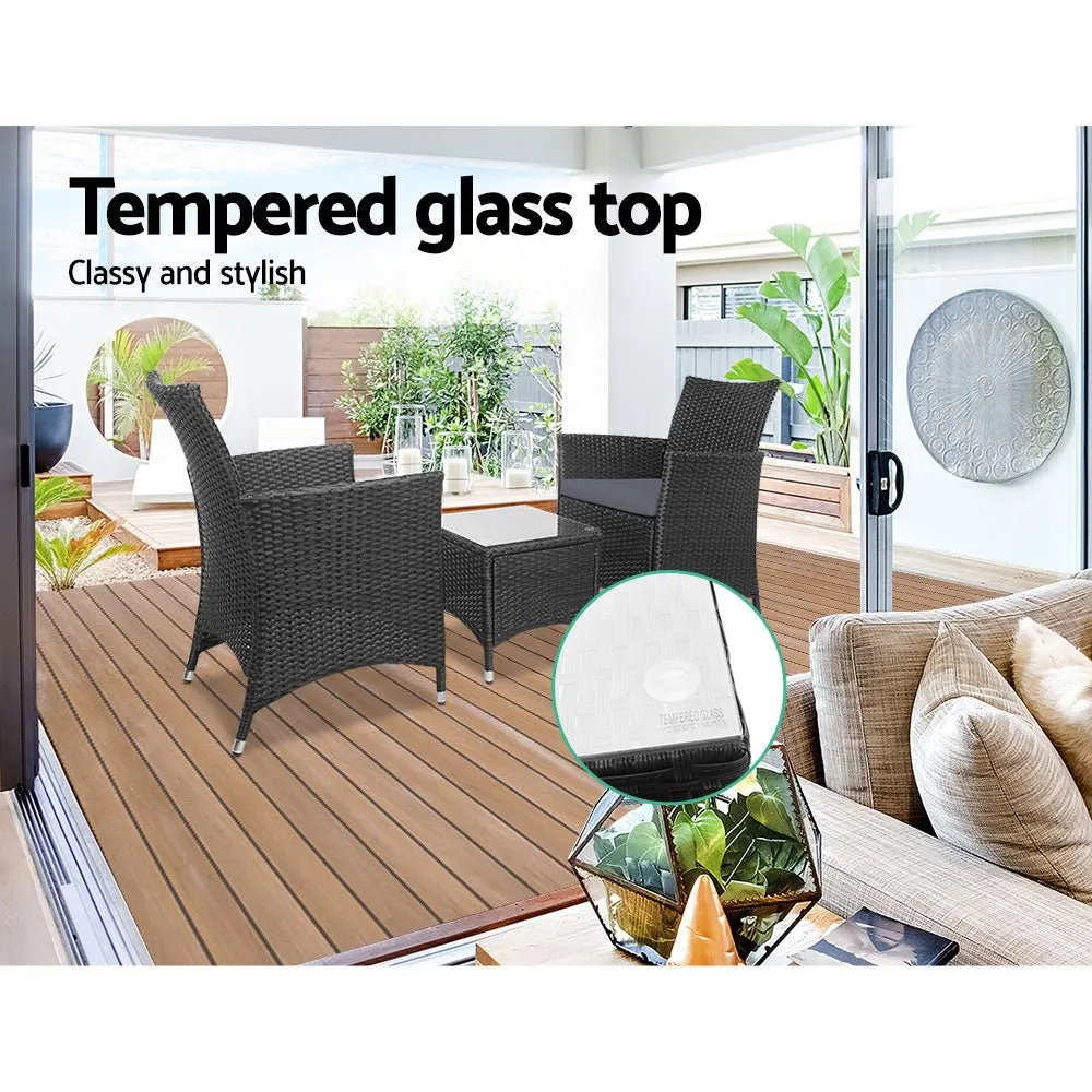 3PC Outdoor Bistro Set Patio Furniture Wicker Setting Chairs Table Cushion Black