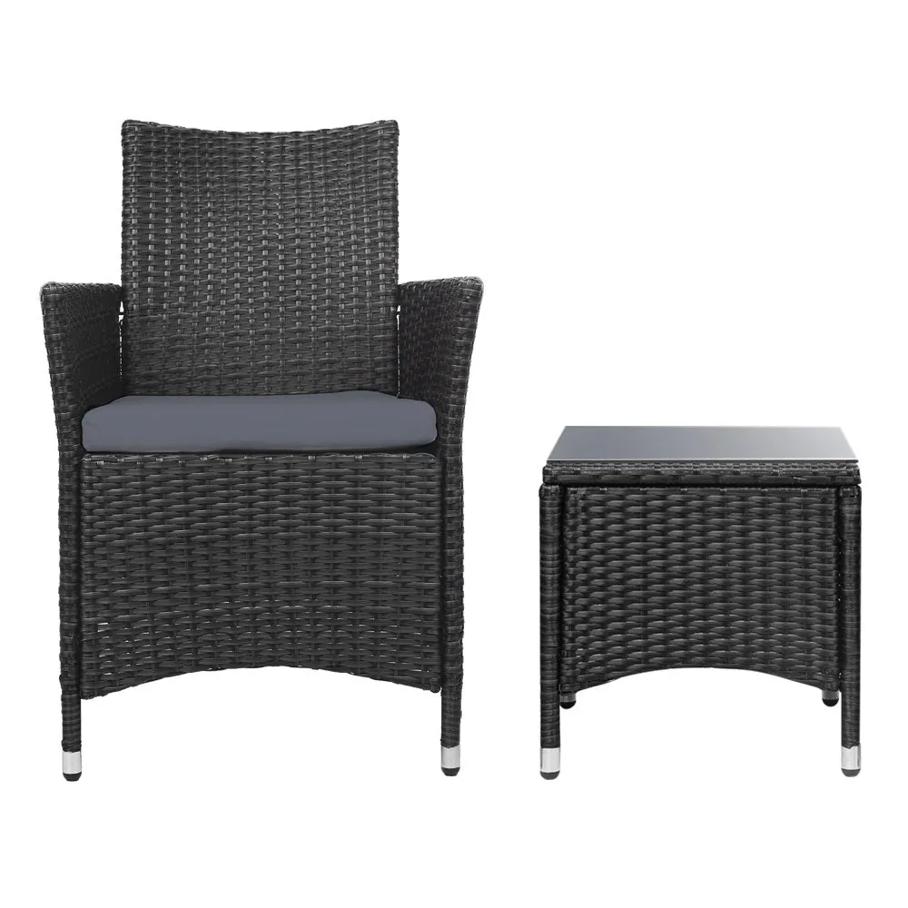 3PC Outdoor Bistro Set Patio Furniture Wicker Setting Chairs Table Cushion Black