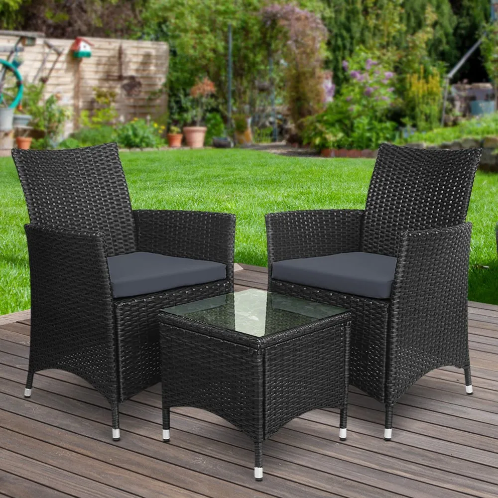 3PC Outdoor Bistro Set Patio Furniture Wicker Setting Chairs Table Cushion Black