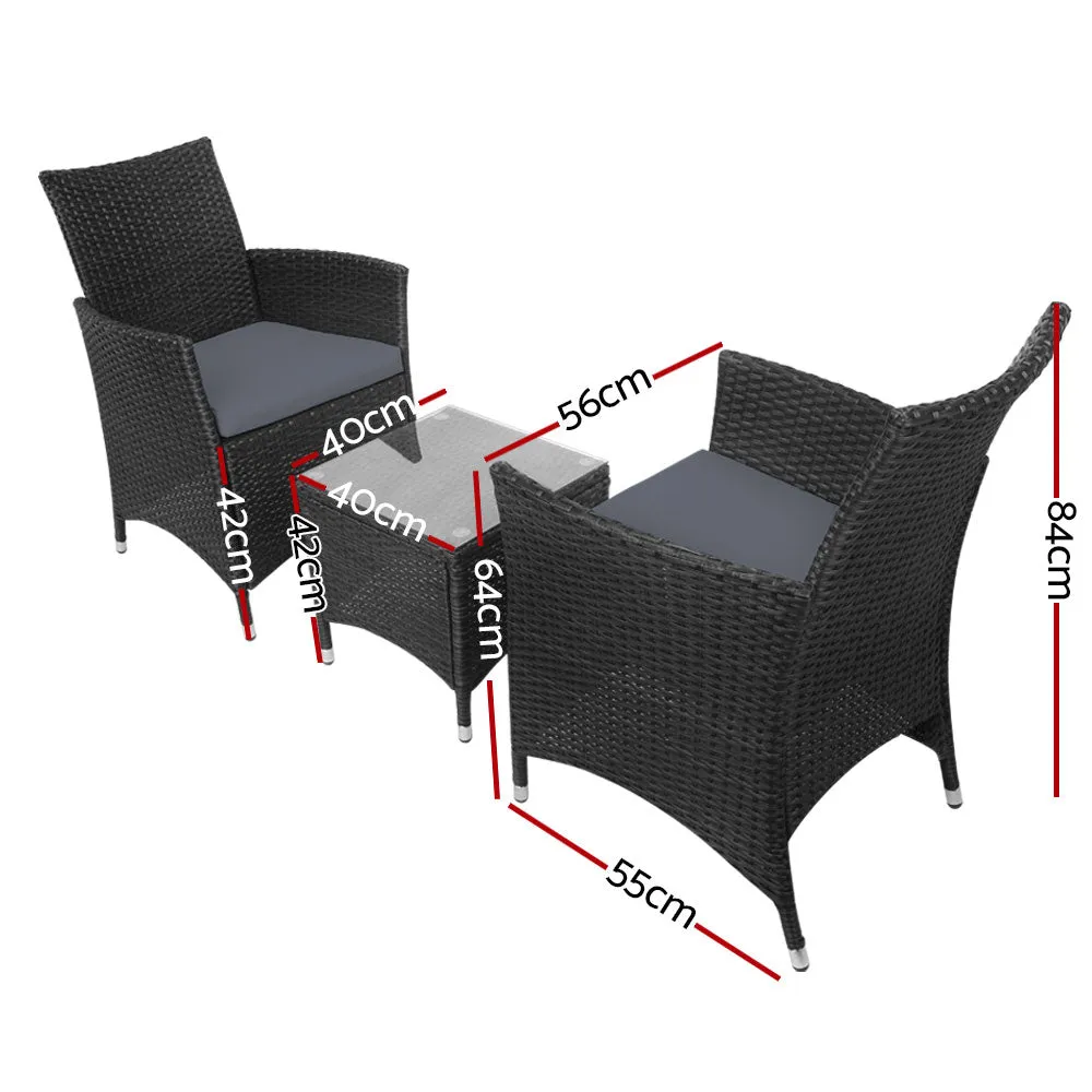 3PC Outdoor Bistro Set Patio Furniture Wicker Setting Chairs Table Cushion Black