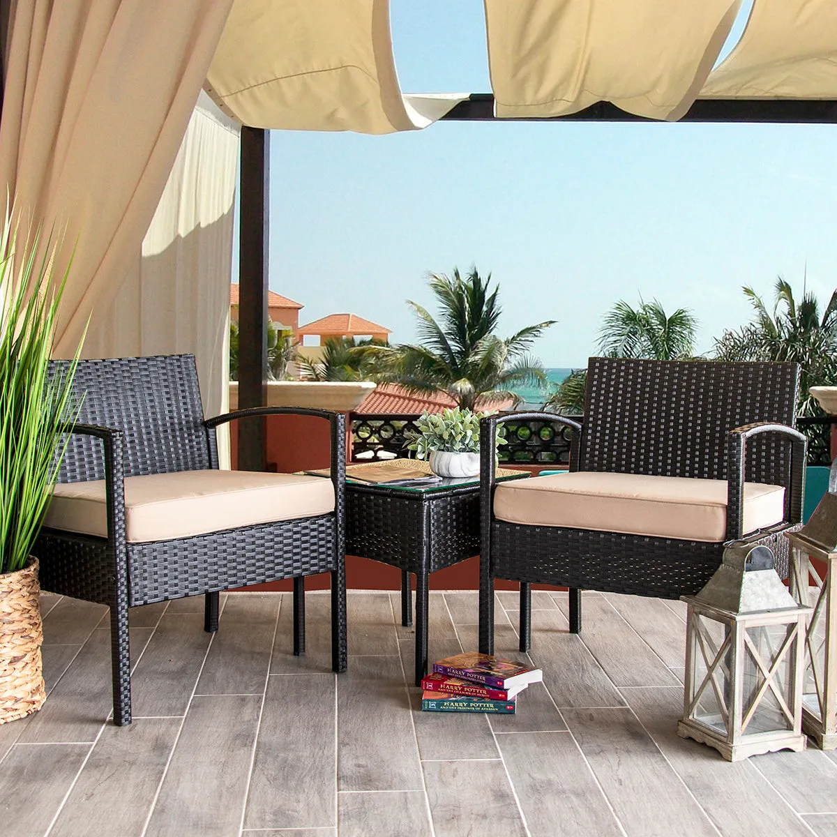 3PC Rattan Wicker Furniture Table Chair Sofa Cushioned Patio Outdoor Gardening