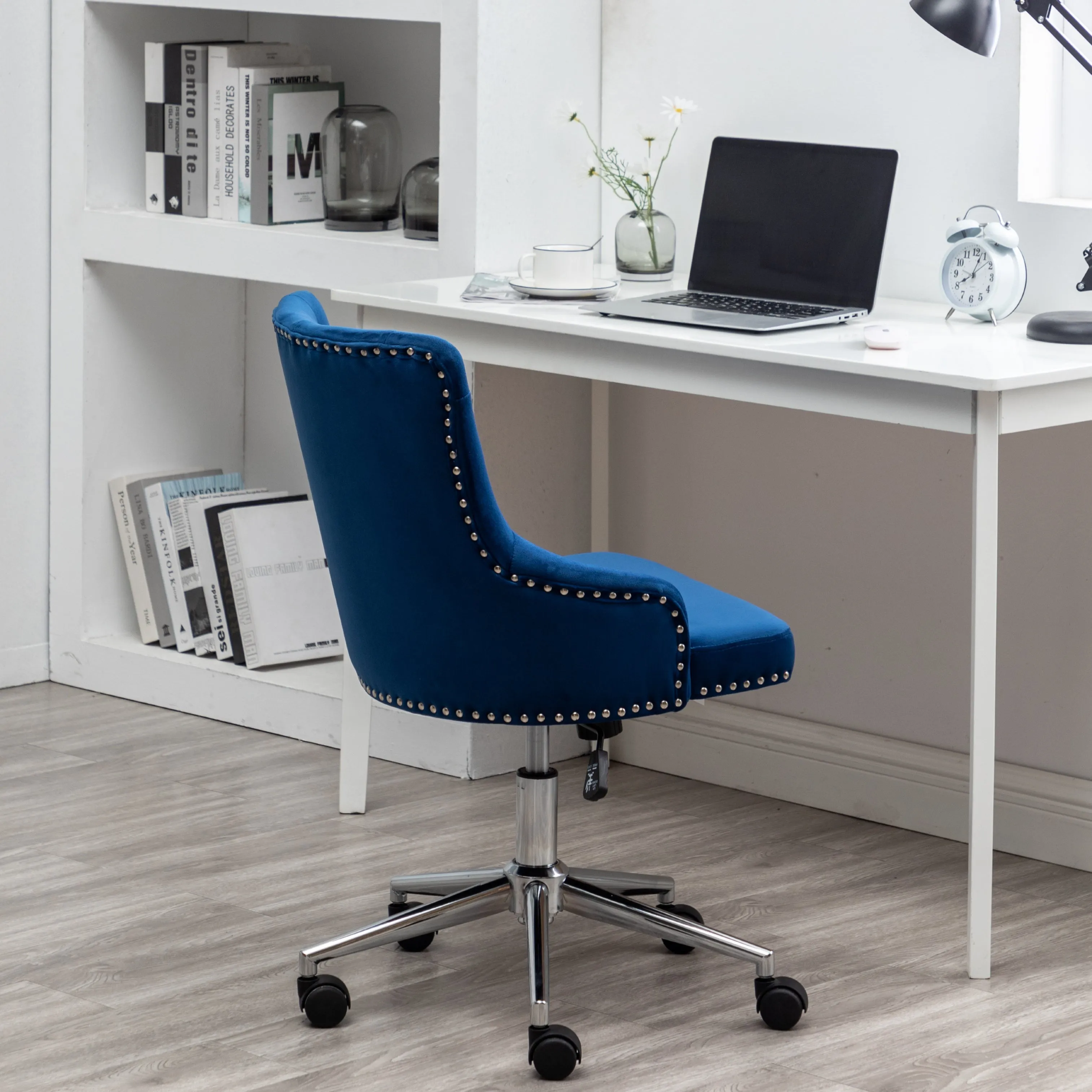 Adjustable Velvet Navy Blue Tufted Leisure Chrome Nail Head Trim Upholstery Home Office Chair