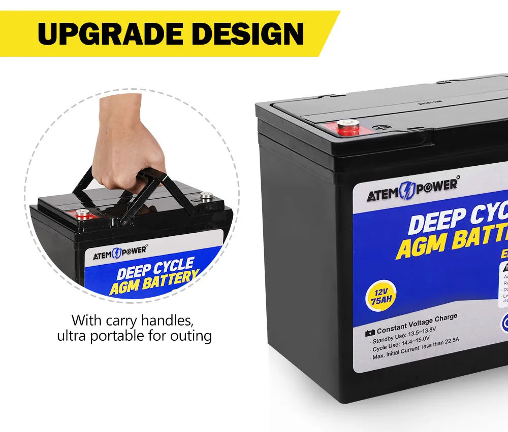 Atem Power 12V 75Ah AGM Deep Cycle Battery Portable 4WD Sealed Marine