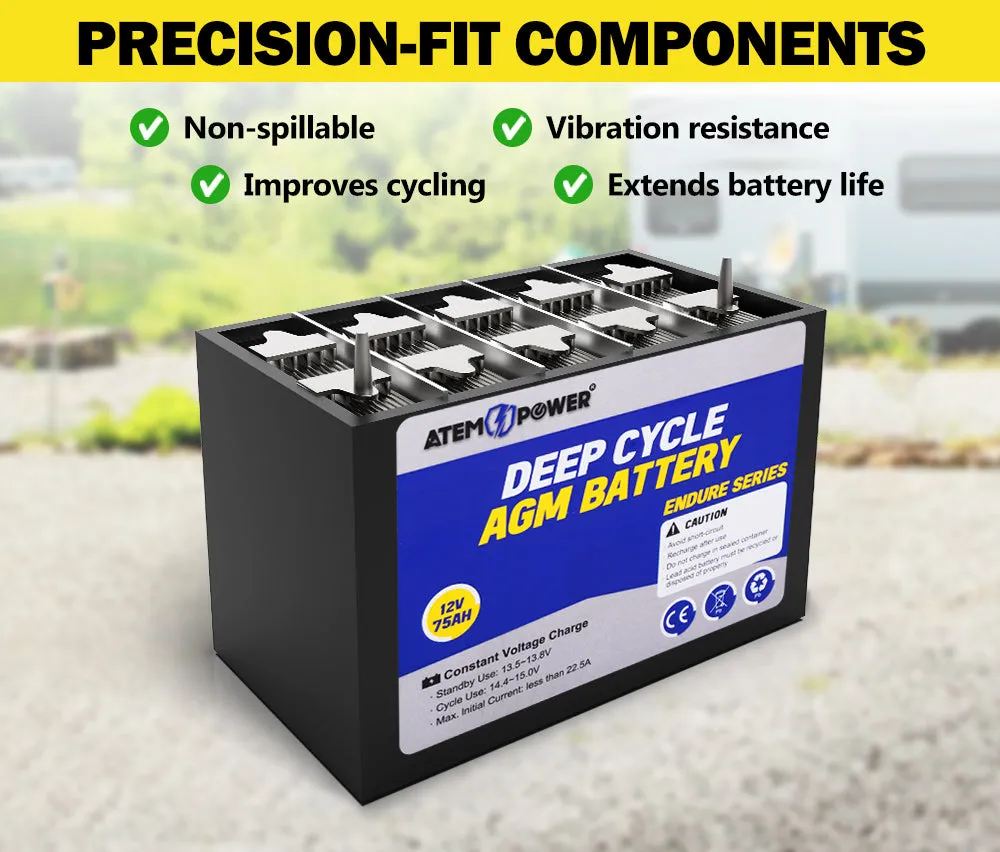 Atem Power 12V 75Ah AGM Deep Cycle Battery Portable 4WD Sealed Marine