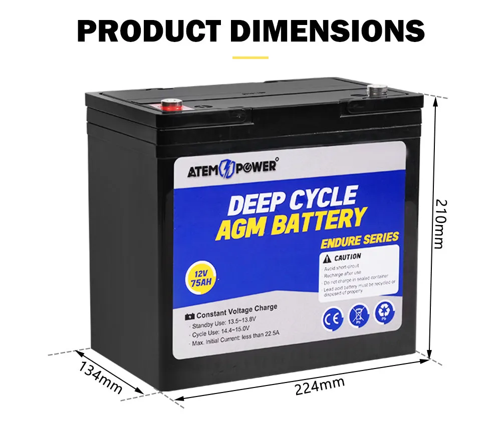 Atem Power 12V 75Ah AGM Deep Cycle Battery Portable 4WD Sealed Marine