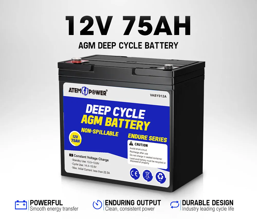 Atem Power 12V 75Ah AGM Deep Cycle Battery Portable 4WD Sealed Marine