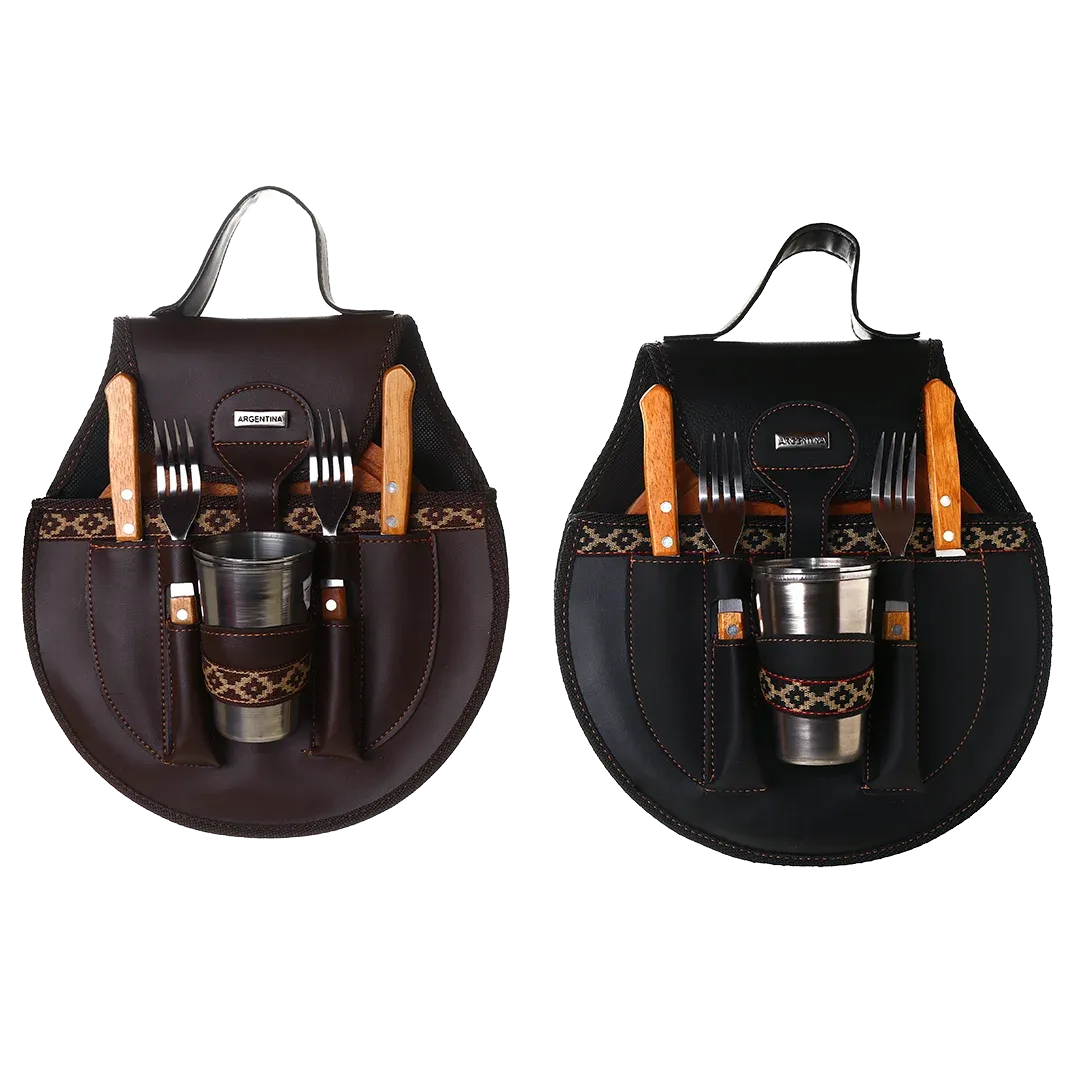 BBQ Set Round Double Case - Black Eco Leather