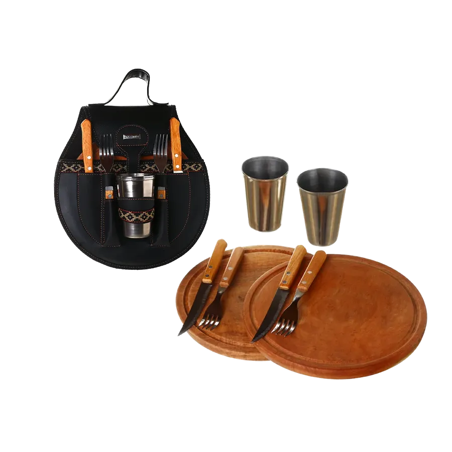 BBQ Set Round Double Case - Black Eco Leather