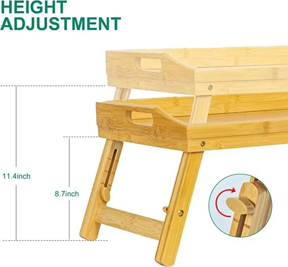 Bed Tray Table for Eating - Bamboo Breakfast Food Table with Phone Tablet Holder - Adjustable Height Serving Tray with Folding Legs on Lap Sofa - Portable Laptop Snack Platter for Bedroom Picnic