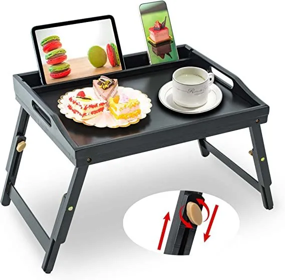 Bed Tray Table for Eating - Bamboo Breakfast Food Table with Phone Tablet Holder - Adjustable Height Serving Tray with Folding Legs on Lap Sofa - Portable Laptop Snack Platter for Bedroom Picnic