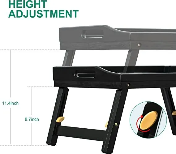 Bed Tray Table for Eating - Bamboo Breakfast Food Table with Phone Tablet Holder - Adjustable Height Serving Tray with Folding Legs on Lap Sofa - Portable Laptop Snack Platter for Bedroom Picnic