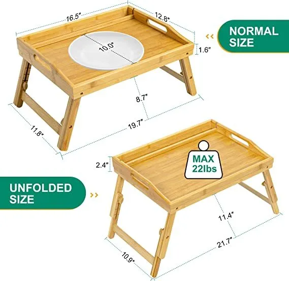 Bed Tray Table for Eating - Bamboo Breakfast Food Table with Phone Tablet Holder - Adjustable Height Serving Tray with Folding Legs on Lap Sofa - Portable Laptop Snack Platter for Bedroom Picnic