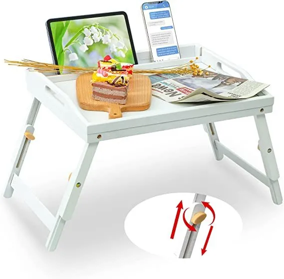 Bed Tray Table for Eating - Bamboo Breakfast Food Table with Phone Tablet Holder - Adjustable Height Serving Tray with Folding Legs on Lap Sofa - Portable Laptop Snack Platter for Bedroom Picnic