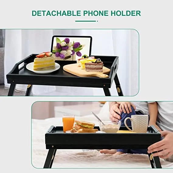 Bed Tray Table for Eating - Bamboo Breakfast Food Table with Phone Tablet Holder - Adjustable Height Serving Tray with Folding Legs on Lap Sofa - Portable Laptop Snack Platter for Bedroom Picnic