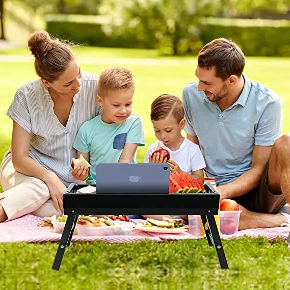 Bed Tray Table for Eating - Bamboo Breakfast Food Table with Phone Tablet Holder - Adjustable Height Serving Tray with Folding Legs on Lap Sofa - Portable Laptop Snack Platter for Bedroom Picnic