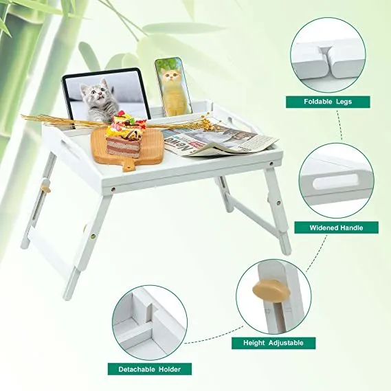Bed Tray Table for Eating - Bamboo Breakfast Food Table with Phone Tablet Holder - Adjustable Height Serving Tray with Folding Legs on Lap Sofa - Portable Laptop Snack Platter for Bedroom Picnic