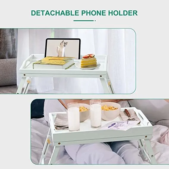 Bed Tray Table for Eating - Bamboo Breakfast Food Table with Phone Tablet Holder - Adjustable Height Serving Tray with Folding Legs on Lap Sofa - Portable Laptop Snack Platter for Bedroom Picnic