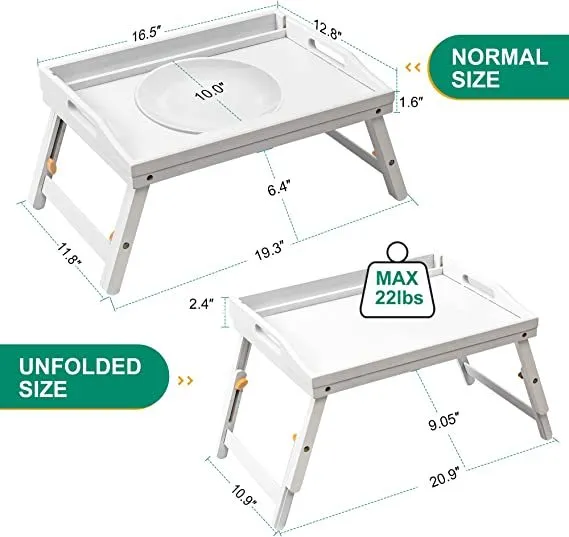Bed Tray Table for Eating - Bamboo Breakfast Food Table with Phone Tablet Holder - Adjustable Height Serving Tray with Folding Legs on Lap Sofa - Portable Laptop Snack Platter for Bedroom Picnic