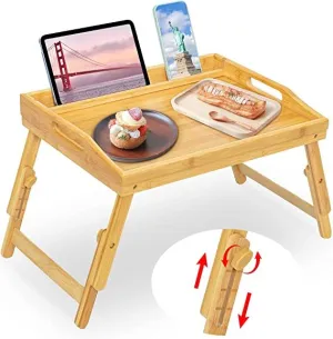 Bed Tray Table for Eating - Bamboo Breakfast Food Table with Phone Tablet Holder - Adjustable Height Serving Tray with Folding Legs on Lap Sofa - Portable Laptop Snack Platter for Bedroom Picnic