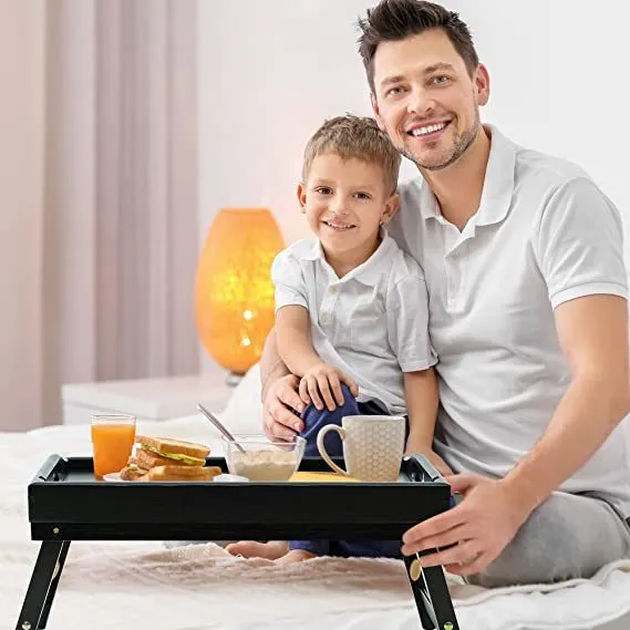 Bed Tray Table for Eating - Bamboo Breakfast Food Table with Phone Tablet Holder - Adjustable Height Serving Tray with Folding Legs on Lap Sofa - Portable Laptop Snack Platter for Bedroom Picnic