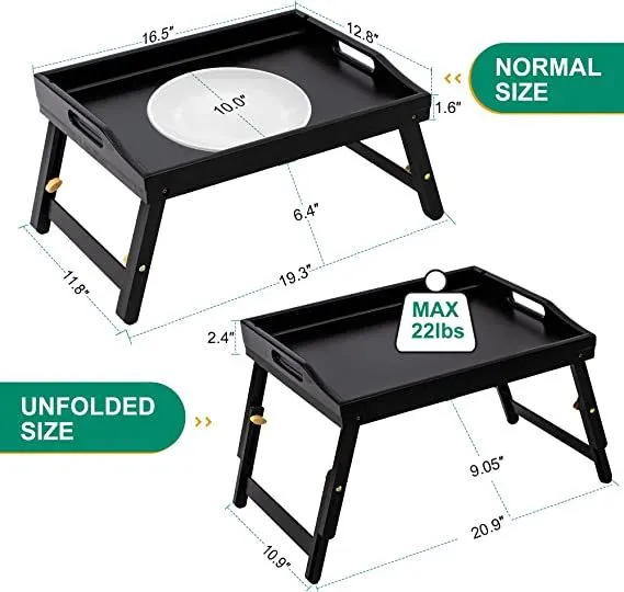 Bed Tray Table for Eating - Bamboo Breakfast Food Table with Phone Tablet Holder - Adjustable Height Serving Tray with Folding Legs on Lap Sofa - Portable Laptop Snack Platter for Bedroom Picnic