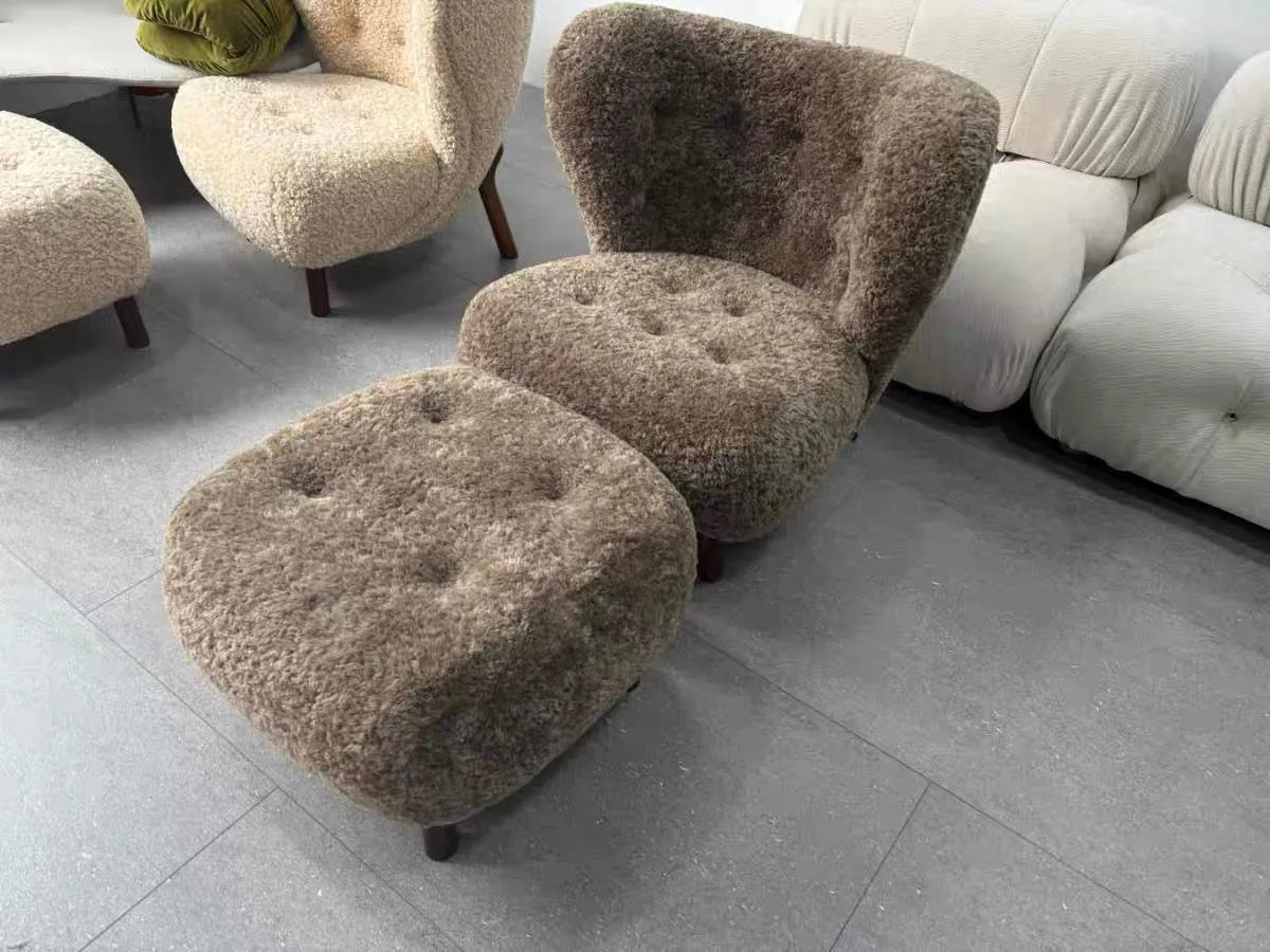 Classic Cozy White Fleece Plush Accent Lounge Chair with Ottoman