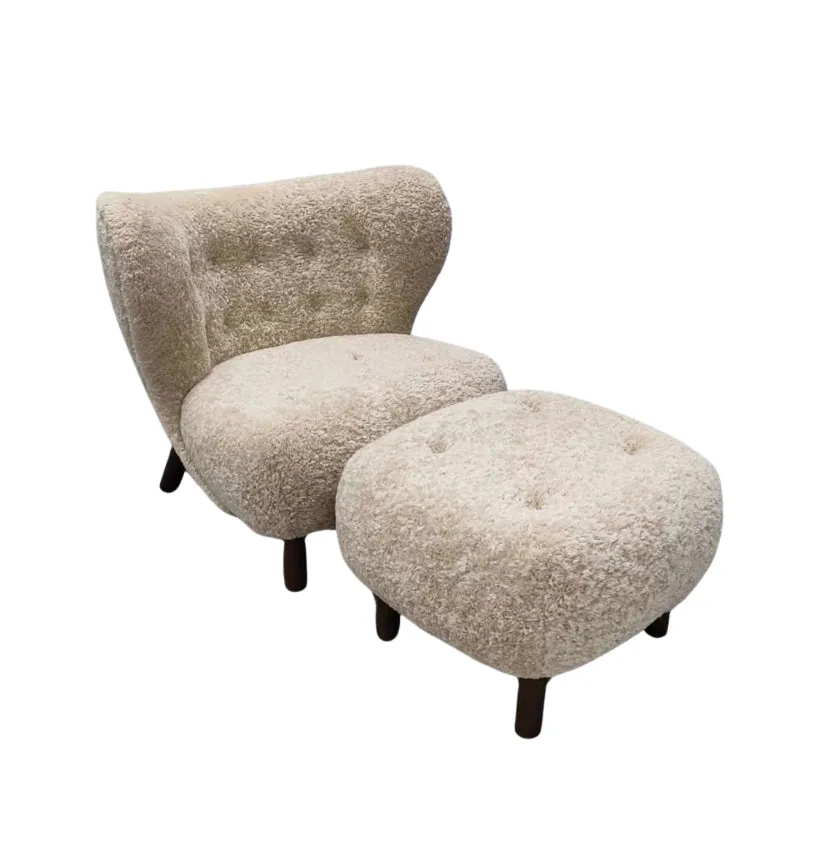 Classic Cozy White Fleece Plush Accent Lounge Chair with Ottoman