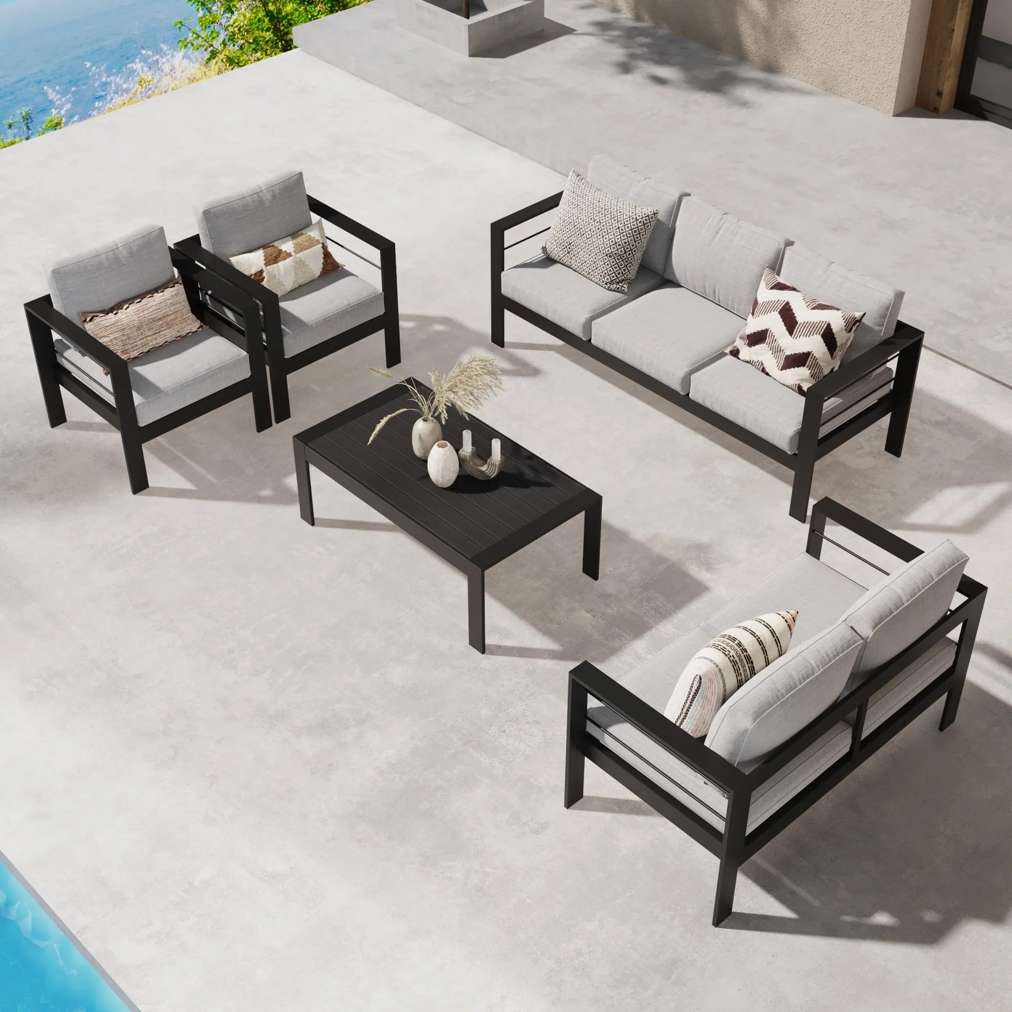 CozyHom 2 Pcs Outdoor Patio Metal Sofa Furniture Set Aluminum Armchair With Cushions Individual Sofa Cozy Chair for Garden, Gray