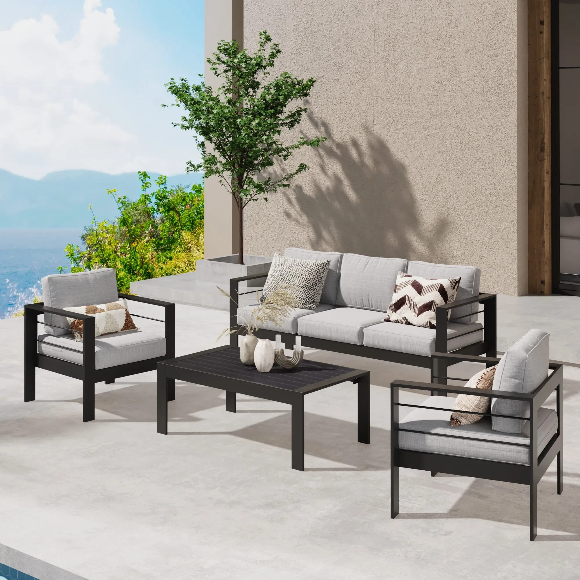 CozyHom 2 Pcs Outdoor Patio Metal Sofa Furniture Set Aluminum Armchair With Cushions Individual Sofa Cozy Chair for Garden, Gray