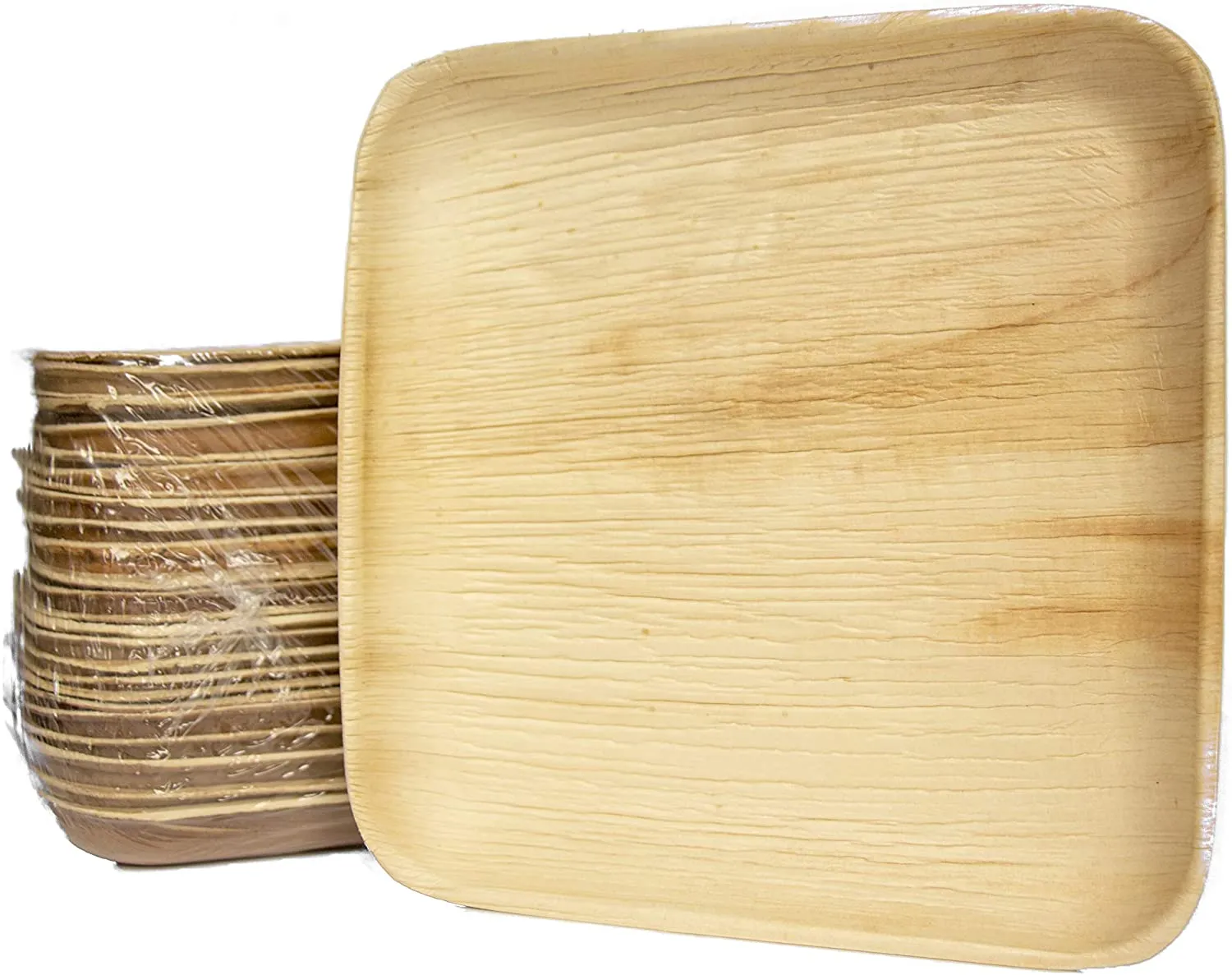 Disposable Party Pack of 150 Eco-friendly Palm Leaf Plates with Cutlery, 50 Disposable 8" Square Palm Leaf Plates, 50 Wood Forks, 50 Wood Knives