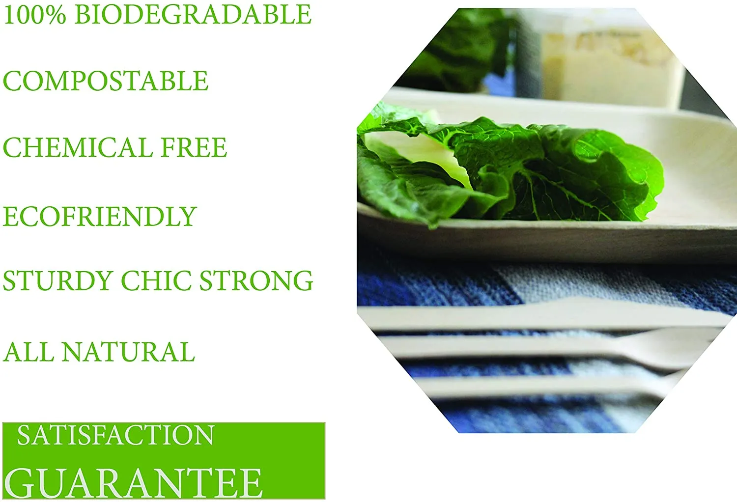 Disposable Party Pack of 150 Eco-friendly Palm Leaf Plates with Cutlery, 50 Disposable 8" Square Palm Leaf Plates, 50 Wood Forks, 50 Wood Knives