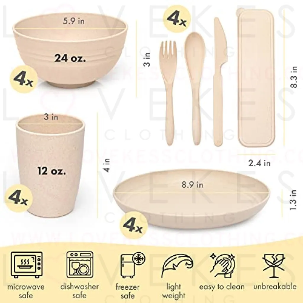 FOODLE Wheat Straw Dinnerware Sets for 4 - Lightweight & Unbreakable Dishes - Microwave & Dishwasher Safe - Perfect for Camping, Picnic, RV, Dorm - Plates, Cups and Bowls - Great for Kids & Adults