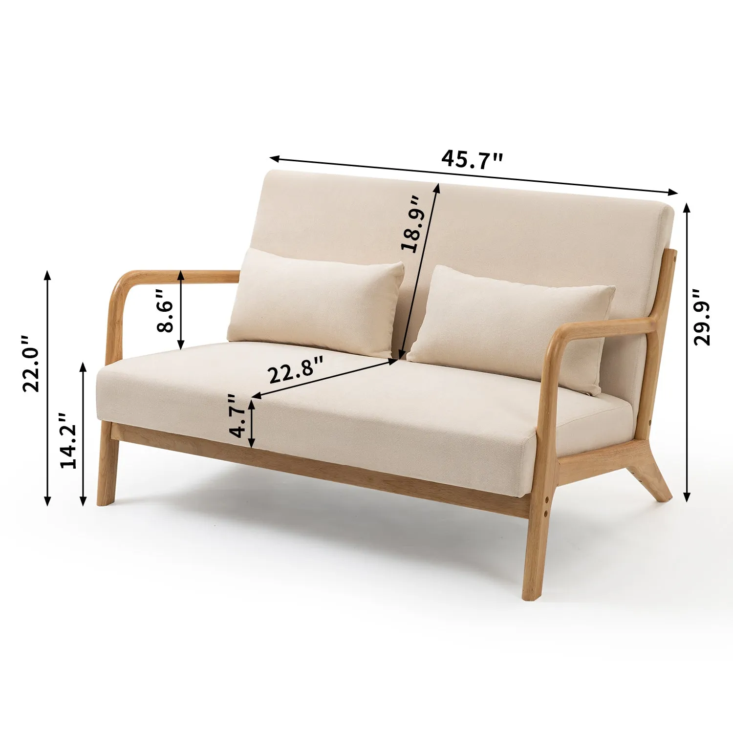 Leisure Chair with Solid Wood Armrest and Feet, Mid-Century Modern Accent Sofa,2 seat