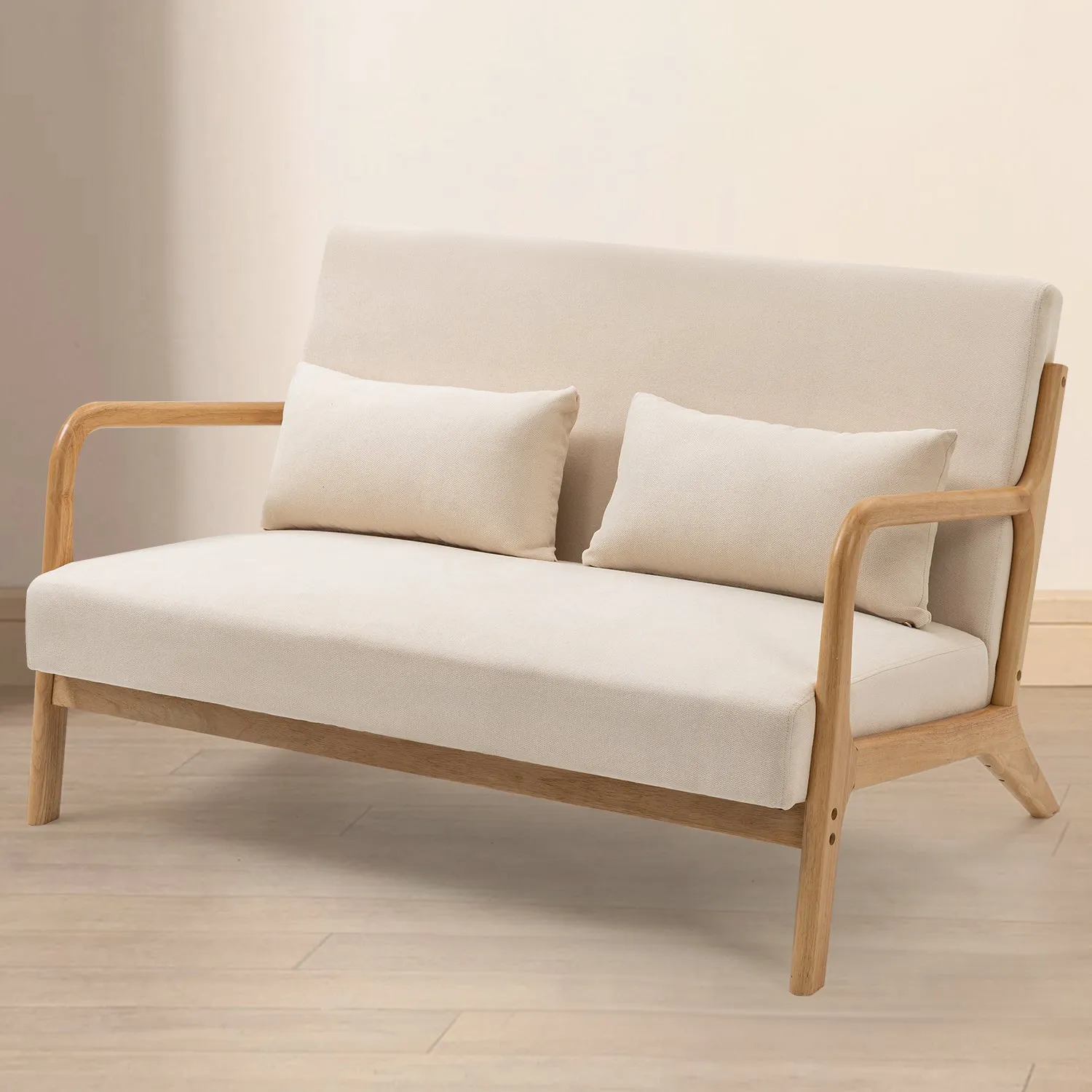 Leisure Chair with Solid Wood Armrest and Feet, Mid-Century Modern Accent Sofa,2 seat