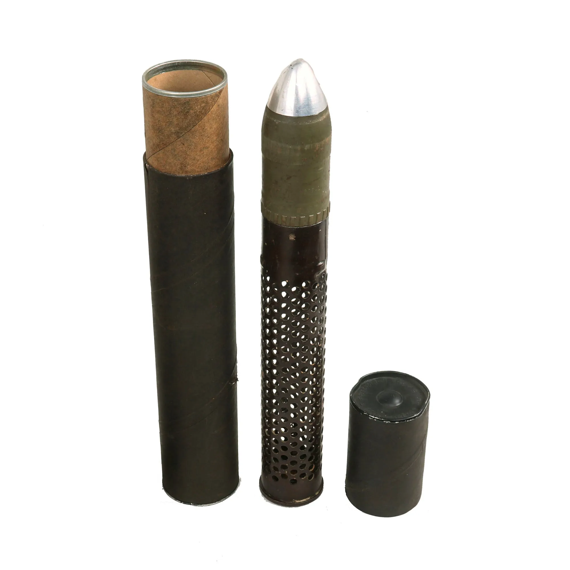 Original U.S. WWII 1945 Dated Paratrooper M18 Recoilless Rifle with Field Cover, 57mm Round in Canister & More - Inert