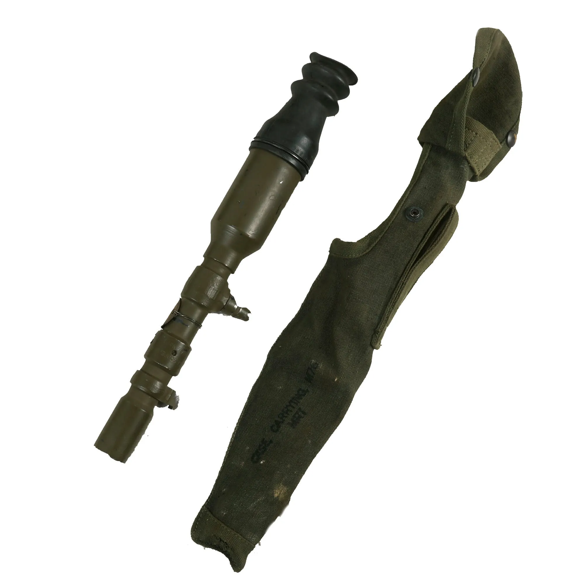 Original U.S. WWII 1945 Dated Paratrooper M18 Recoilless Rifle with Field Cover, 57mm Round in Canister & More - Inert